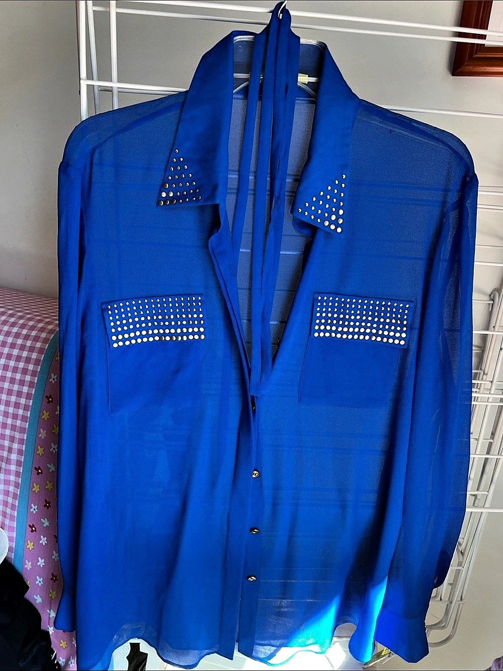 Gianni Bini Caroline Blouse Sheer Studded Tie-Waist Blue Medium